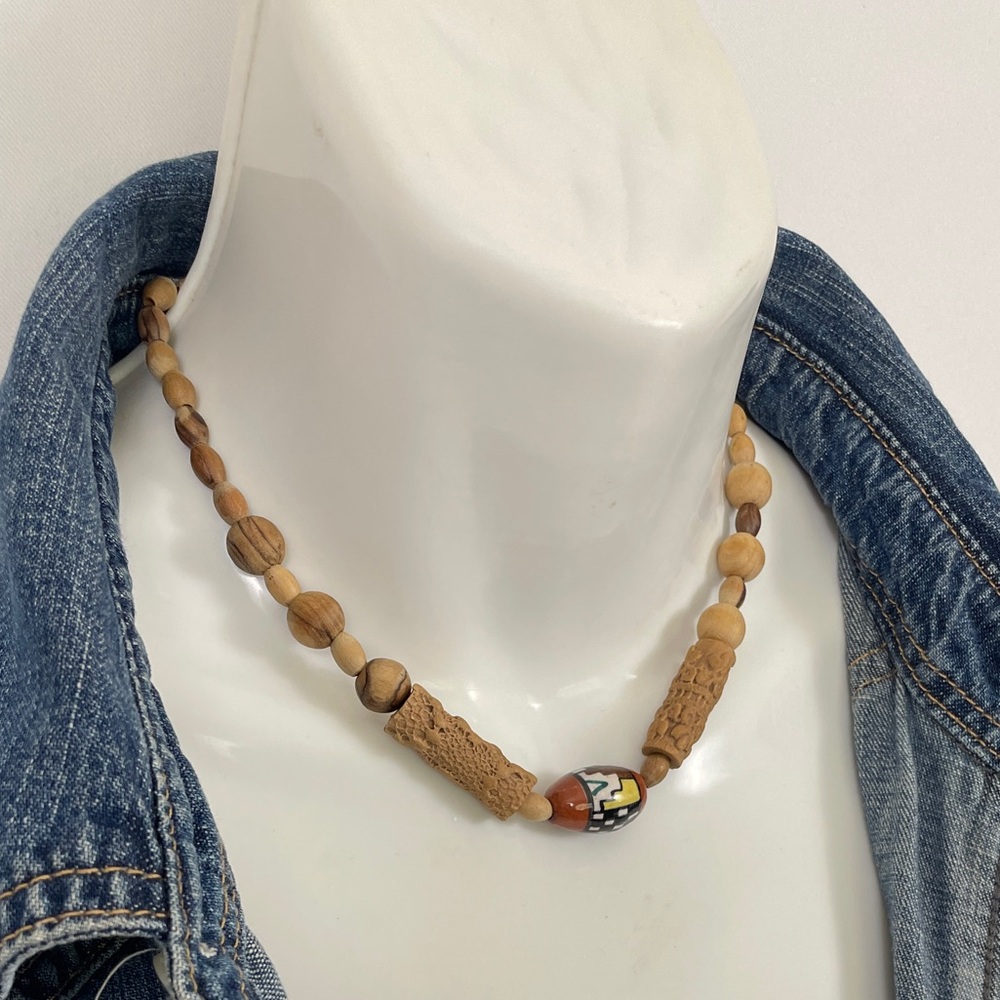 Vintage Boho Earthy Wooden Bead & Painted Ceramic Statement Necklace